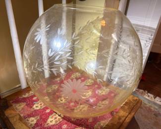 Large Etched Glass Globe Bowl Floral Leaf Design Clear Crystal Round Vase Victorian Parlor Lamp Shade Replacement Vintage Glassware