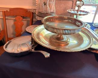 Silver Plate Footed Compote Pierced Gallery Rim Covered Dish Tray Vintage Silverplate