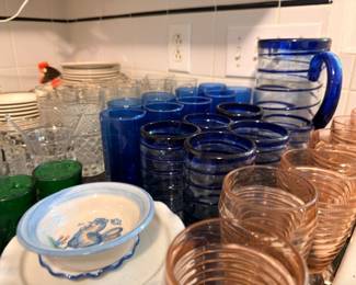 Cobalt Blue Glass Tumblers Pitcher Set Pink Depression Glass Cups Vintage Glassware Drinkware Collection