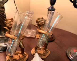 Pair Cherub Putti Figural Bud Vases Gold Gilt Metal Clear Glass Tubes Victorian Mantel Garniture Antique Decorative Collectible
