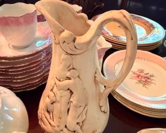 White Ceramic Pitcher Embossed Leaf Design Curved Handle Vintage Ironstone Style Pottery
