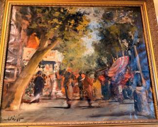 Large Oil Painting European Street Scene Paris Market Buildings Trees Figures Ornate Gold Frame Impressionist Style Fine Art Original Painting
