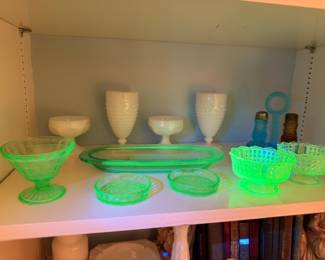Green Depression Glass Bowls Plates Milk Glass Vases Compotes Vintage Glassware Shelf Lot