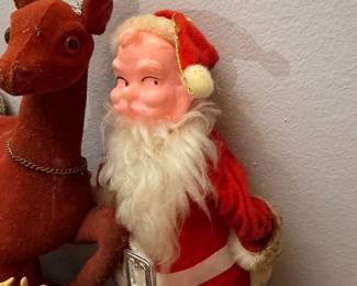 Vintage Santa Claus Doll Rubber Face Flocked Reindeer Gold Glitter Antlers Mid Century Christmas Decorations Holiday Display Collectible