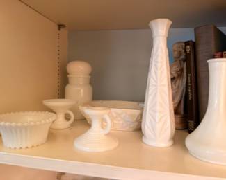 Milk Glass Collection Tall Bud Vases Compotes Covered Jar Bowls Vintage White Glassware Shelf Lot