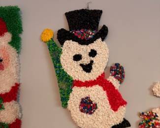 Vintage Melted Popcorn Plastic Christmas Decorations Snowman Tree Retro 1970s Holiday Wall Decor