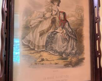 Framed La Mode Illustree French Fashion Plate Print Victorian Women Dresses Ornate Dark Wood Frame Antique Fashion Art Vintage Collectible