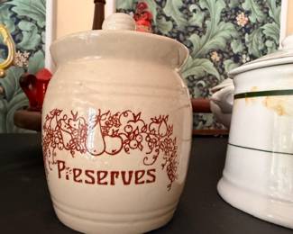 White Stoneware Preserves Crock Jar Red Lettering Fruit Design Vintage Farmhouse Kitchen Pottery Storage