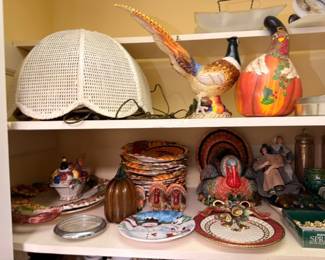 Thanksgiving Fall Harvest Decor Ceramic Turkey Pumpkin Figurines Autumn Plates Dishes Wicker Lamp Shade Holiday Entertaining Tableware Collectible