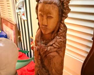Carved Wood Female Bust Sculpture Asian Style Figure Decorative Wood Carving Art Statue Collectible