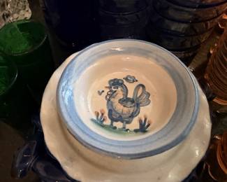 M.A. Hadley Pottery Bowl Hand Painted Chicken Hen Design Blue Trim Louisville Kentucky Stoneware