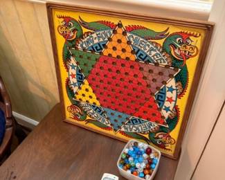 Vintage Chinese Checkers Game Board with Marbles Colorful Tin Lithograph Board Game Retro Family Games Collectible Toy