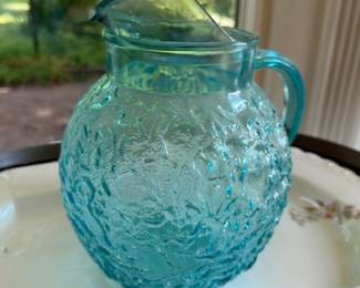 Vintage Aqua Blue Glass Pitcher Thumbprint Pattern Pressed Glass Water Jug Mid Century Turquoise Glassware Collectible