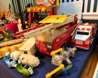 Vintage Toy Collection Red Fire Truck Toy Cars Figurines Assorted Playthings Retro Kids Toys Collectible Lot