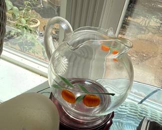 Clear Glass Pitcher Hand Painted Goldfish Koi Fish Design Vintage Art Glass Water Pitcher Barware Collectible