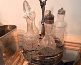 Victorian Silver Plate Castor Cruet Set Glass Bottles Twisted Handle Condiment Stand Antique