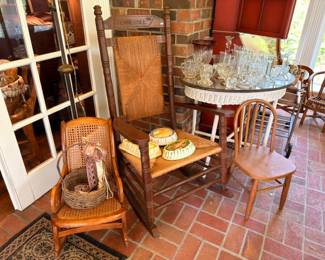 Sunroom Porch Overview Cane Chairs Wrought Iron Table Crystal Glassware Brick Floor Tennessee Sign Vintage