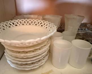 White Lace Edge Lattice Plates Stack Milk Glass Vases White Ceramic Collection Vintage Tableware Lot