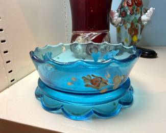 Victorian Blue Art Glass Ruffled Bowl Hand Painted Floral Enamel Decoration Matching Base Plate Antique Glassware Collectible