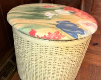 Vintage Wicker Laundry Hamper Basket Floral Padded Lid Sewing Basket Storage Container Cottage Decor Collectible