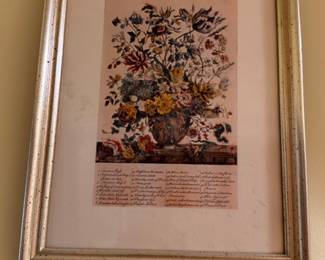 Framed Antique Botanical Print Floral Bouquet Vase Illustration Silver Frame Vintage Botanical Art Wall Decor Estate Art Collectible