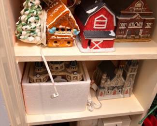 Ceramic Christmas Village Buildings Cookie Jars Gingerbread House Red Barn Church Tree Holiday Kitchen Decor Collectible Lot