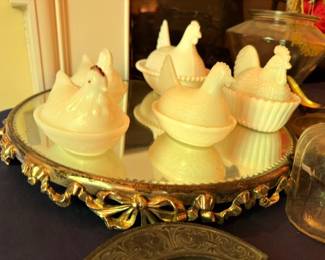 White Milk Glass Hen On Nest Covered Dishes Gold Mirrored Vanity Tray Vintage Collectible