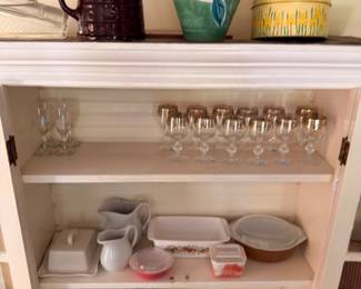Pottery Pitchers Hand Painted Floral Vase Stemware Glasses Stoneware Bowls Blue White Dishes Kitchen Cabinet Lot
