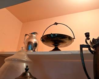 Silver Plate Pitcher Brass Hanging Basket Candlestick Bell Vintage Metalware Shelf Display Lot