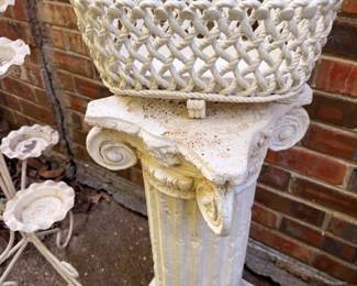 White Cast Stone Garden Pedestal Column Lattice Basket Planter Classical Outdoor Decor