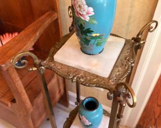 Asian Turquoise Blue Floral Vase Hand Painted Flowers Ornate Brass Iron Stand Japanese Cloisonne Style Ceramic Pottery Collectible