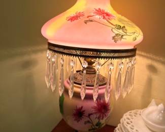 Victorian Hand Painted Parlor Lamp GWTW Pink Floral Shade Crystal Prisms Antique Oil Lamp Electric
