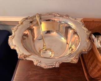 Silver Plate Punch Bowl Scalloped Edge With Ladle Vintage Silverplate Entertaining Barware