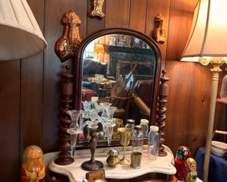 Antique Marble Top Dresser Arched Mirror Table Lamps Russian Nesting Dolls Figurines Perfume Bottles Vintage