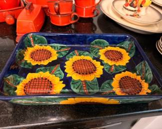 Hand Painted Sunflower Ceramic Serving Tray Cobalt Blue Yellow Floral Pottery Platter Decorative Kitchen Collectible
