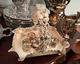 Silver Plate Napkin Rings Charger Plates Ornate Tray Vintage Silverplate Table Setting Lot