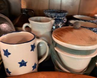 Blue Star Spongeware Pottery Crocks Bowls Wooden Lids Stoneware Collection Antique Farmhouse Kitchen Vintage Ceramics