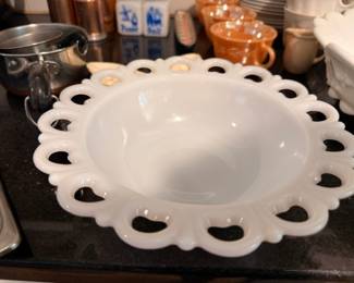 White Milk Glass Lace Edge Bowl Open Work Border Vintage Anchor Hocking Collectible Glassware