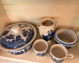 Blue White Willow Pattern China Collection Platter Plates Cups Teapot Creamer Vintage Transferware Dinnerware