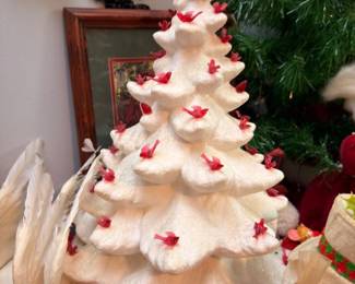 White Ceramic Christmas Tree Red Bird Ornaments Vintage Lighted Holiday Table Decor Collectible