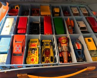 Vintage Die Cast Toy Cars Collection Matchbox Hot Wheels Style Collector Case Display Tray Assorted Vehicles Trucks Cars Retro Toys