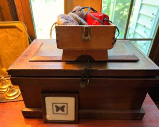 Antique Wood Storage Chest Brass Hardware Vintage Wooden Box Trunk Primitive