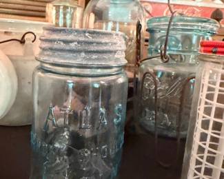 Antique Blue Glass Mason Jars Canning Jars Wire Bail Closure Glass Lid Vintage Farmhouse Kitchen Collectible