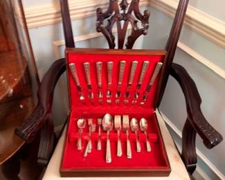 Silver Plate Flatware Set Red Lined Chest Antique Carved Wood Chair Vintage Silverware Service