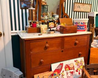 Antique Wood Dresser Chest Vintage Toys Figurines Collectibles Circus Sign Striped Wallpaper Childrens Room Furniture Storage