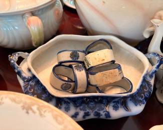Blue White Porcelain Scalloped Bowl Napkin Rings Decorative Items Vintage China Tableware