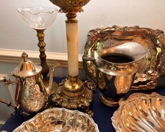 Silver Plate Tea Service Brass Candlestick Ornate Tray Marble Column Candleholder Vintage Silverplate