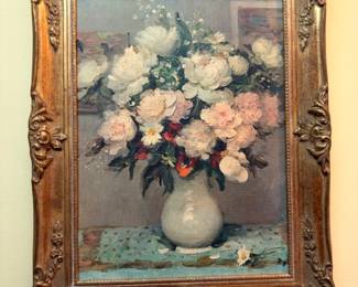 Oil Painting White Pink Roses Floral Still Life Ornate Gold Gilt Frame Vintage Art Wall Decor Original Artwork