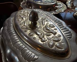 Silver Plate Covered Dish Detail Embossed Floral Leaf Design Acorn Finial Lid Victorian Silverplate Close Up
