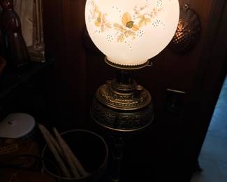 Victorian Parlor Lamp Painted Floral Globe Shade Brass Metal Base Antique Oil Lamp Electric Converted Vintage Lighting